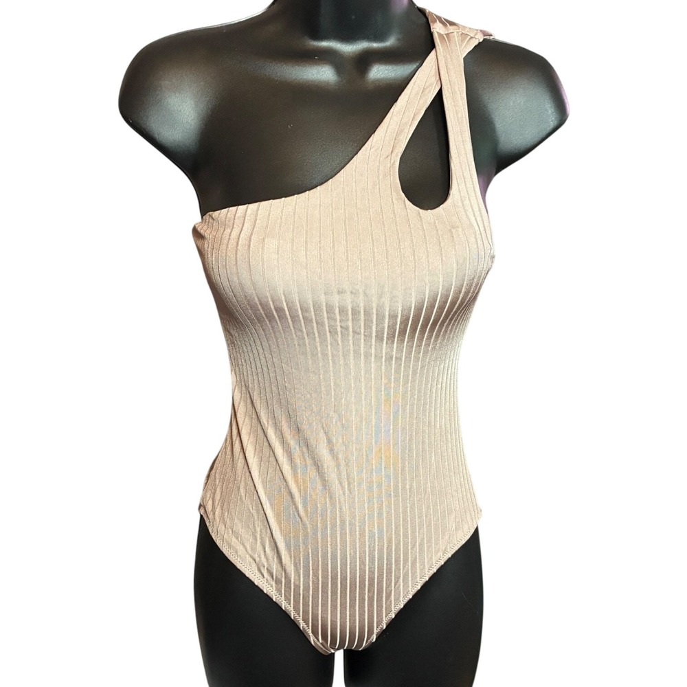 Aerie Beige Ribbed One Shoulder One Piece Swimsuit Cutout XS NWOT